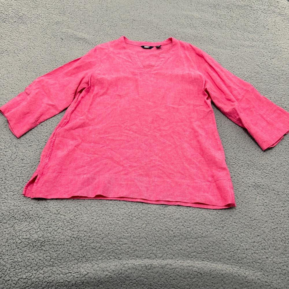 Lands End Tunic Blouse Womens Medium Pink 100% Linen 3/4 Sleeve V-Neck